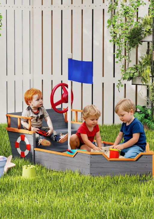 Kids Wooden Sandbox Pirate Ship Sandboat w/ Bench Seat Storage Space Ceder Wood, Gray
