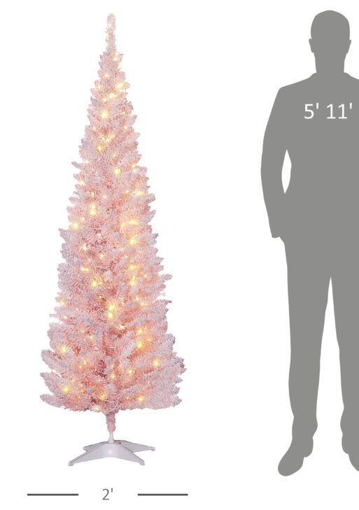 6ft Pencil Christmas Tree, Slim Artificial Christmas Tree with Realistic Branches and Warm White LED Lights, Pink