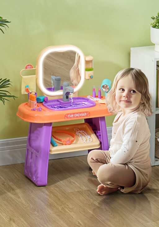 Kids Vanity Set with Mirror, LED Light, Music, 23 Accessories, Pretend Play Set for Girls 3-6 Years, Purple