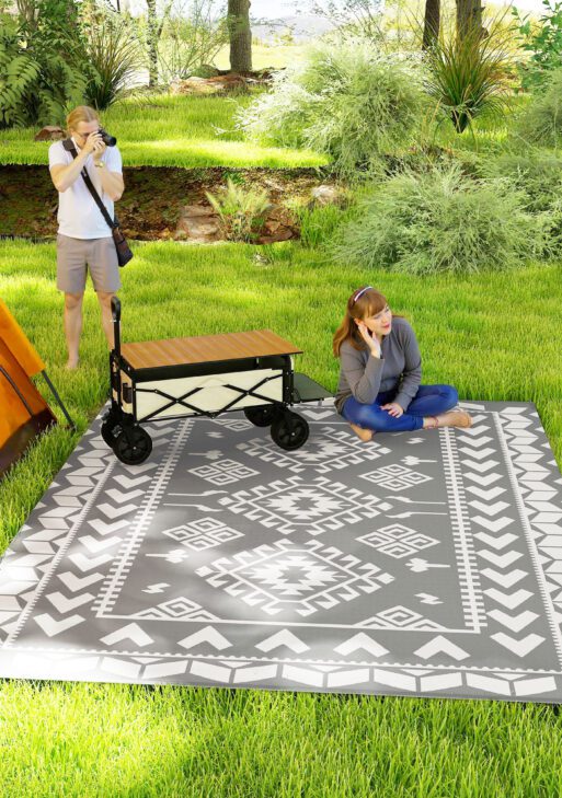 Reversible Outdoor Rug, Waterproof Plastic Straw with Carry Bag, 9' x 12', Gray & White Rhombus Patchwork