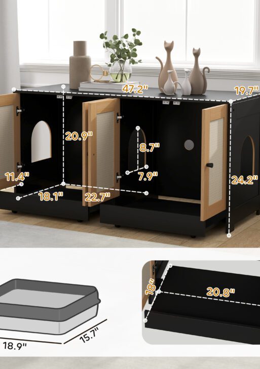 Cat Litter Box Enclosure w/ 2 Cabinets, Scratching Mats & Trays for 2 Cats or Kittens, Black