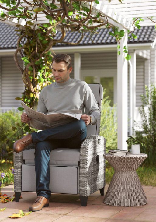 Outdoor Recliner Chair with Cushions, Reclining Patio Lounge Chair with Adjustable Footrest, Armrests, Tray Table, Gray