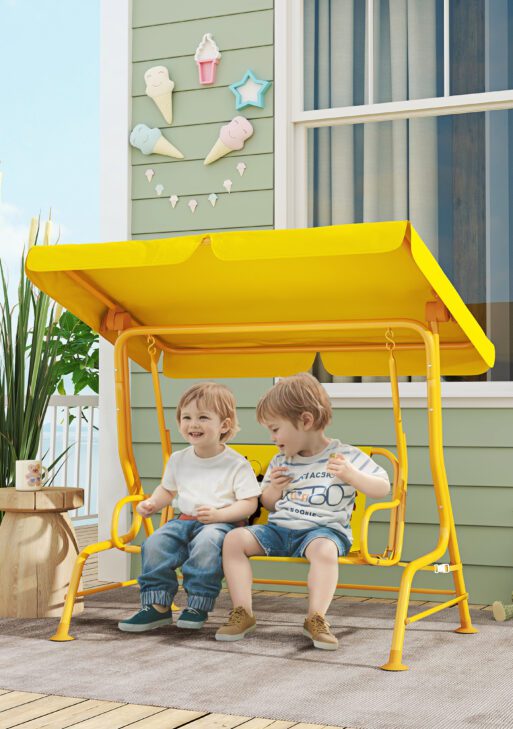 Kids Patio Swing Chair with Adjustable Canopy, Safety Belt for Patio, Garden, Poolside, Balcony, Yellow