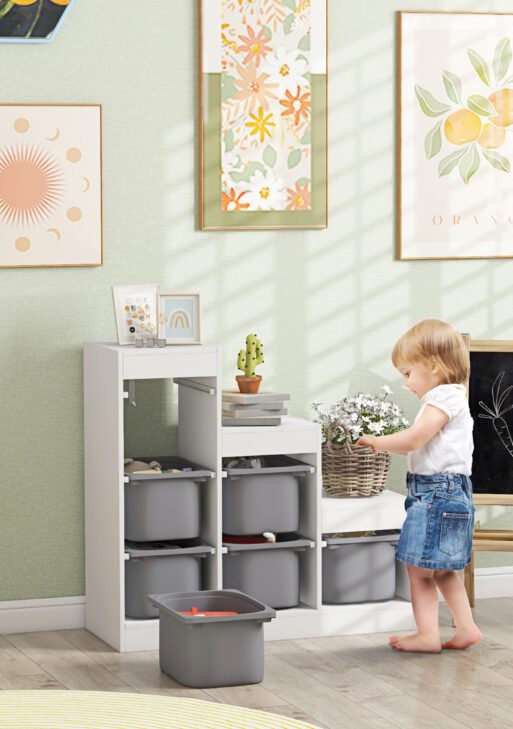 3 Layers Kids Toy Storage Organizer with 6 Storage Bins, Kids Bookshelf for Ages 3-8 Years, Play Room, Bedroom, Gray
