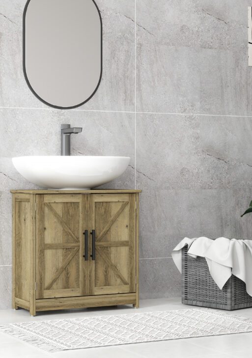 Farmhouse Pedestal Sink Storage Cabinet, Bathroom Sink Cabinet with 2 Barn Doors and Adjustable Shelf, Light Gray