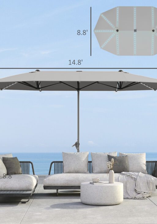 15ft Double-Sided Outdoor Umbrella with Solar Lights, UPF50+ Extra Large Aluminum Patio Umbrella with Crank, Dark Gray