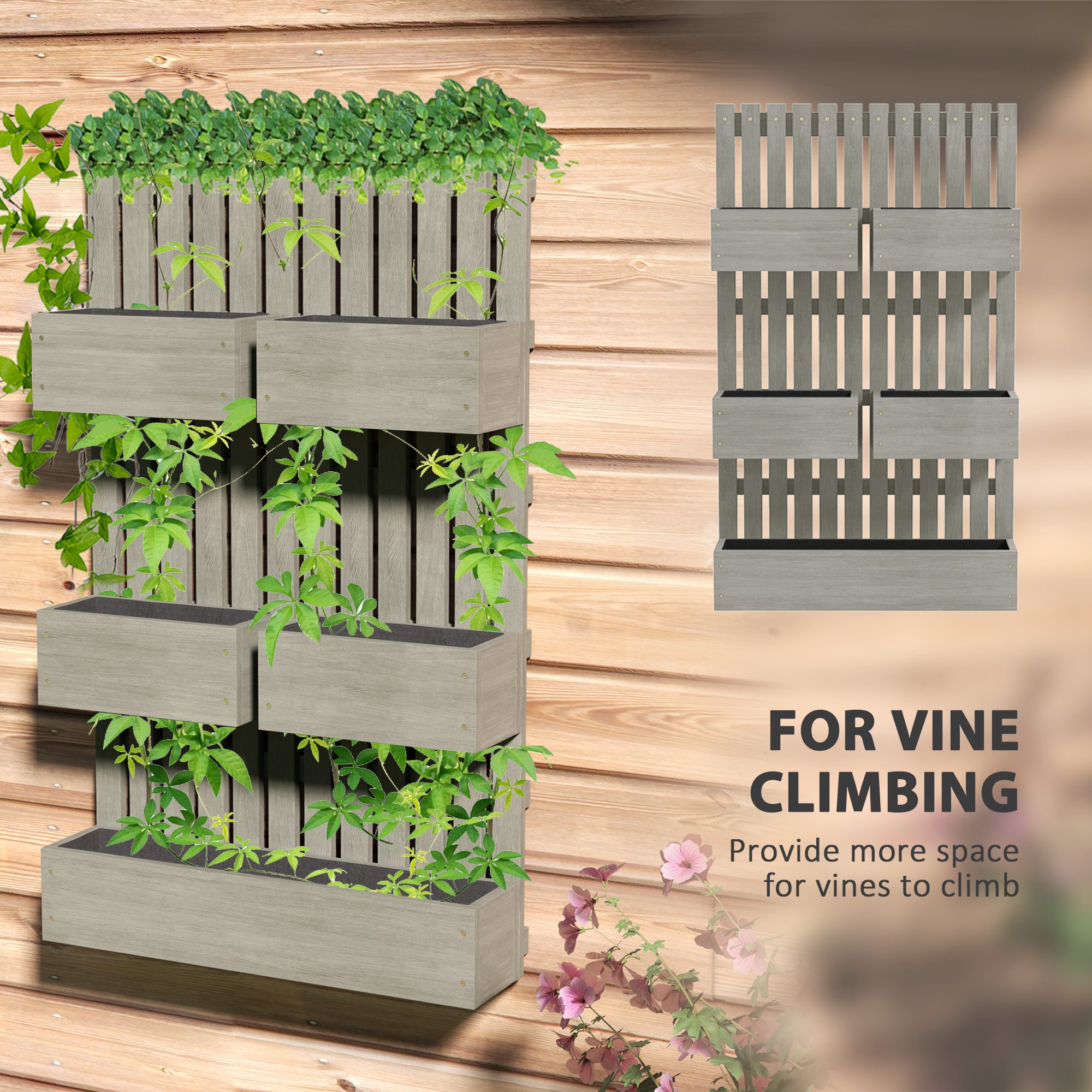 5 Box Raised Garden Bed w/ Trellis for Climbing Plants, Wall-Mounted Wood Planters w/ Drainage Holes, Gray - Image 2