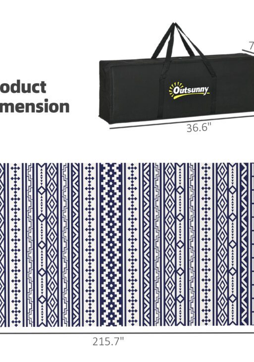 Reversible Outdoor Rug, Waterproof Plastic Straw with Carry Bag, 9' x 18', Blue & White Geometric Wall