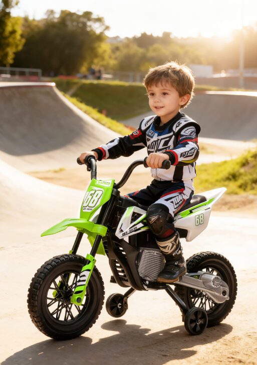 12V Kids Electric Motorcycle w/ Twist Grip Throttle, Training Wheels, Rear Suspension & Music, Green