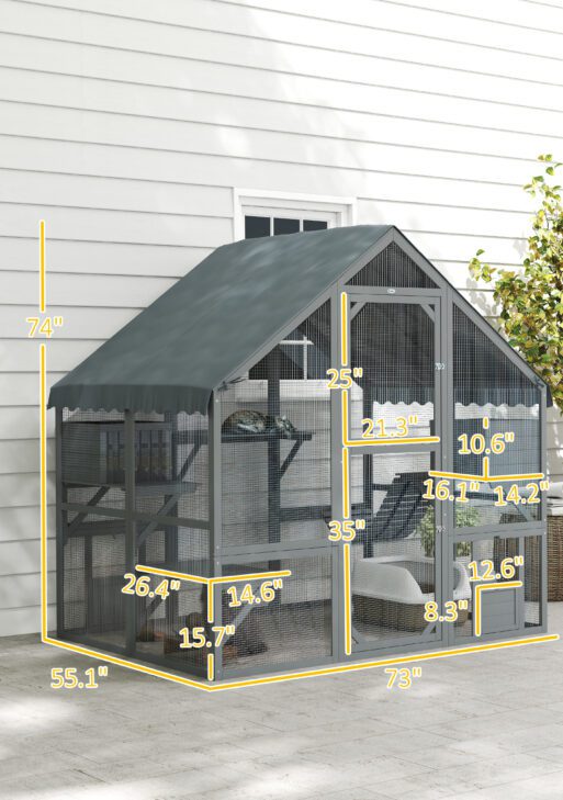Wooden Catio Outdoor Cat Enclosure with Waterproof Cover, 2 Condos, 4 Platforms, Bridge, Doors, Gray