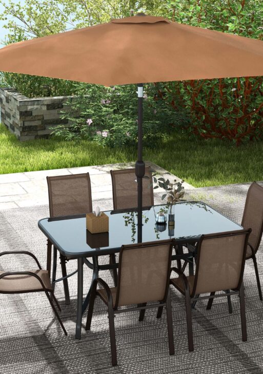 8 Pieces Patio Furniture Set with 9Ft Patio Umbrella, Outdoor Dining Table and Chairs, Light Mixed Brown