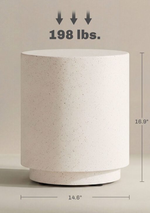 Lightweight Accent Table with Concrete Finish Round Side Table, Cream White