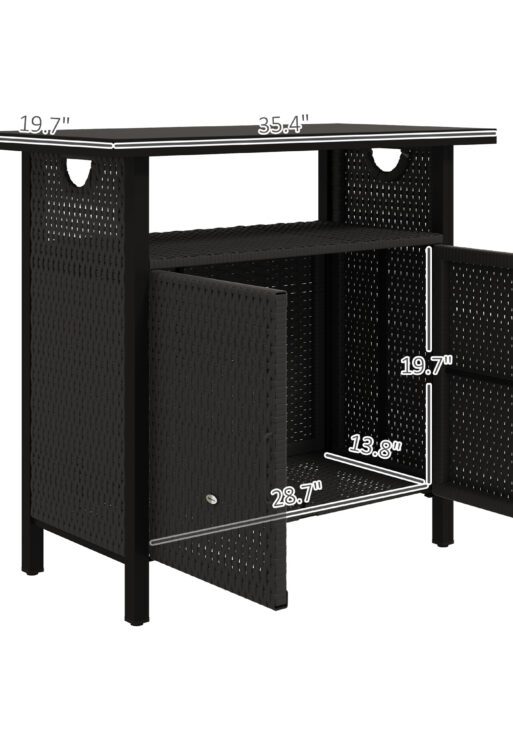 Outdoor Pool Towel Storage Cabinet Organizer, Outdoor Bar Table with Shelf and Cabinet, Pool Towel Holder Pool Valet with Weather-Resistant PE Rattan and Steel Frame, Espresso