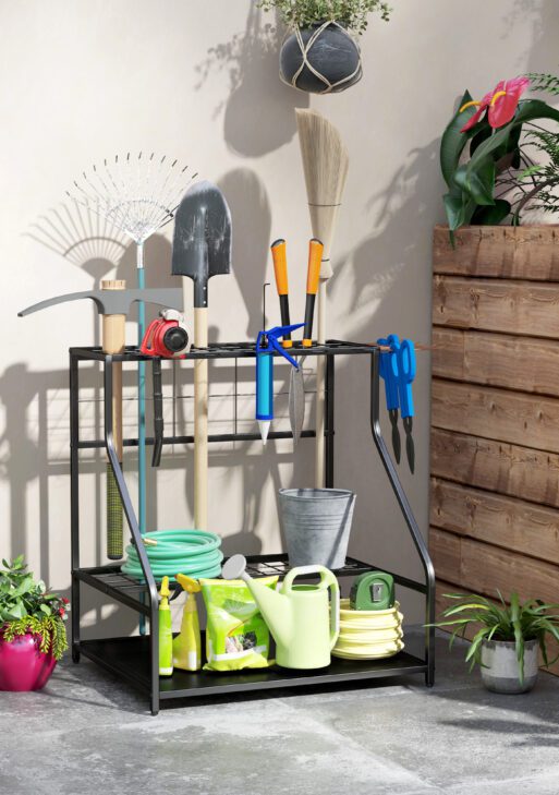 3-Tier Yard Tool Storage Rack, Garden Tool Organizer with Hooks for Long-Handled, Broom, Shovel, Orange