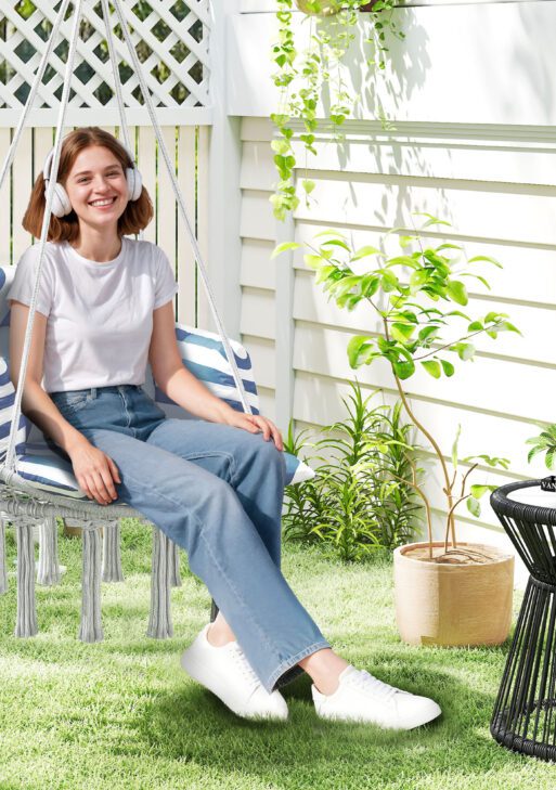 Hammock Swing Chair, Macrame Hanging Chair with Large Cushion, Chain, Steel Frame for Indoor Outdoor Use, Blue and White