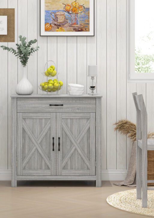 Farmhouse Sideboard Cabinet with Barn Doors Kitchen Buffet Cabinet with Drawer and Adjustable Shelf Stone Gray