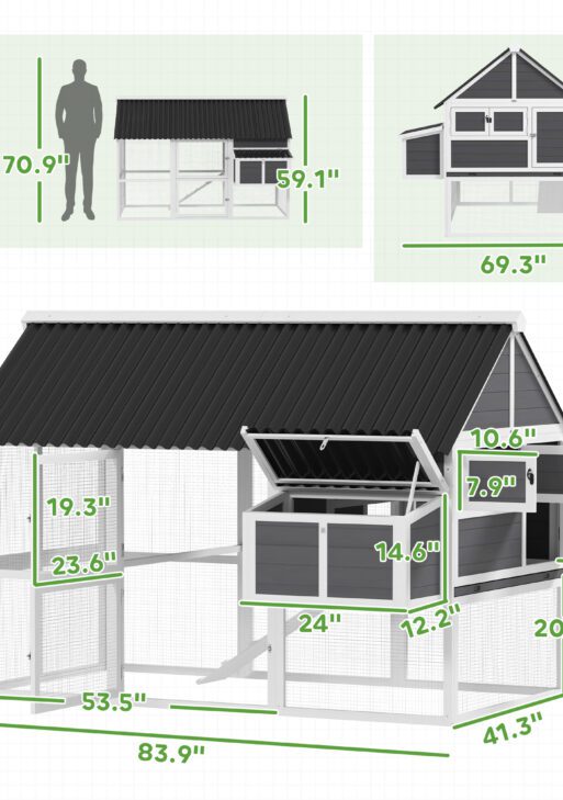 Wooden Chicken Coop with Run, 2 Nesting Boxes, 2 Roosting Bars, Ramp & Tray, Poultry Cage for 6-8 Chickens, Gray