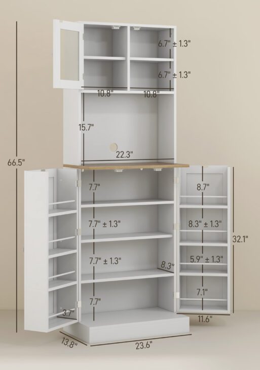66.5" Tall Kitchen Pantry Cabinet, Kitchen Hutch, Microwave Cabinet with Adjustable Shelves for Dining Room, White