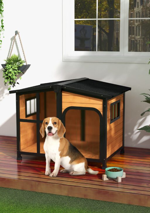 Cabin-Style Wooden Dog House for Large Dogs with Openable Roof & Giant Window, Yellow