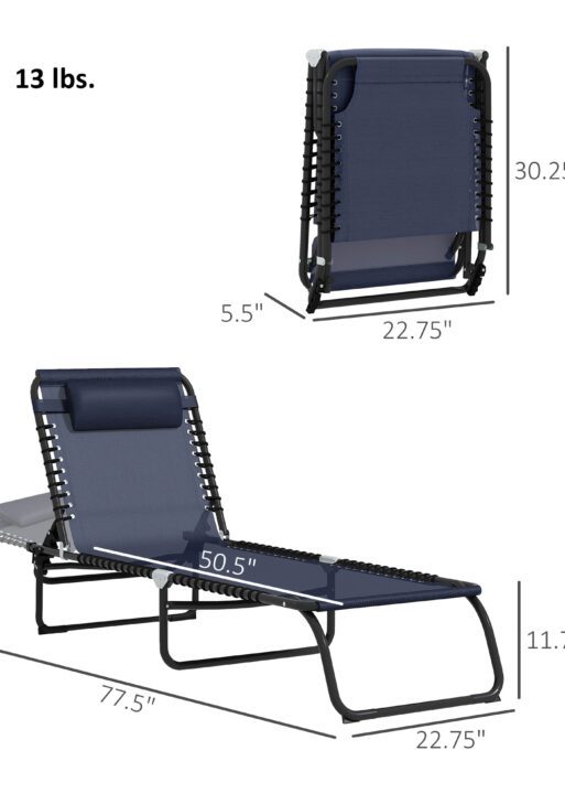 Folding Chaise Lounge Pool Chair with 4-Position Reclining Back, Pillow, Breathable Mesh & Bungee Seat, Dark Blue