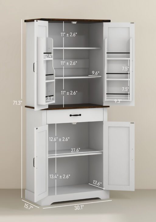71" Tall Kitchen Cabinet, Farmhouse Pantry Cabinet w/ Barn Doors, 6 Shelves w/ 2 Doors, Drawer and Adjustable Shelves, White