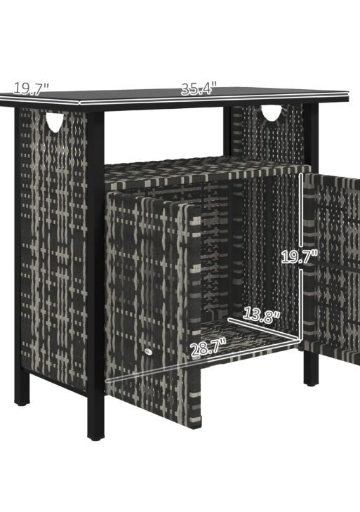 Outdoor Pool Towel Storage Cabinet Organizer, Outdoor Bar Table with Shelf and Cabinet, Pool Towel Holder Pool Valet with Weather-Resistant PE Rattan and Steel Frame, Mixed-Gray