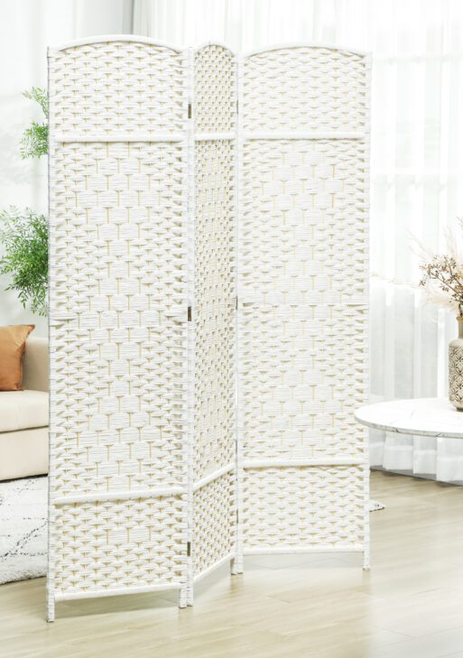 Folding Room Divider Screen 3 Panel 6' Tall Privacy Screen Freestanding Wood Partition for Home Office, White