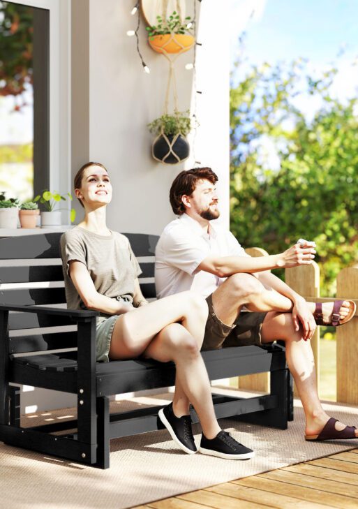 Patio Glider Bench w/ HDPE Slatted Double Rocking Chair, Black