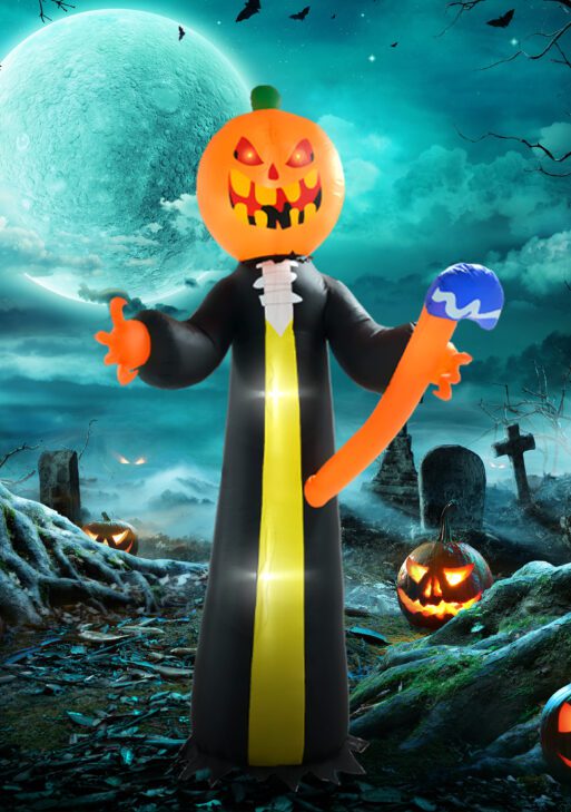10ft Inflatable Halloween Pumpkin Head Ghost with Hammer, Blow Up LED Display for Garden Indoor Outdoor