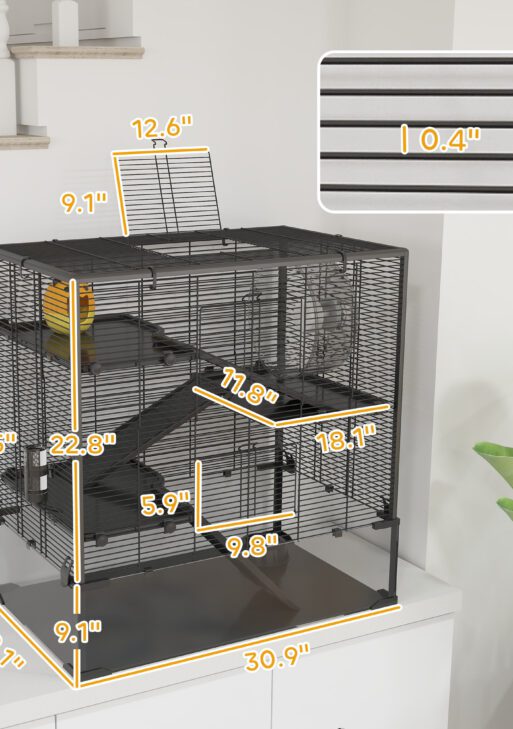 4 Tier Hamster Cage with Deep Tempered Glass Bottom, Running Wheel, Hut, Water Bottle, Food Dish, 31" x 19" x 31.5"