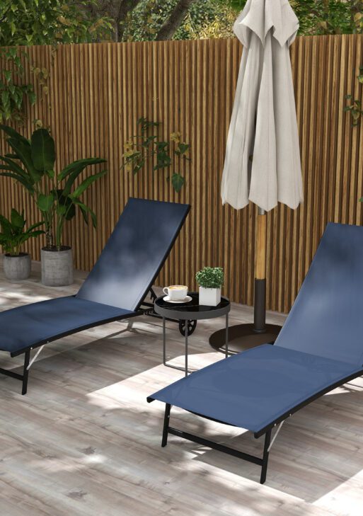2 Piece Outdoor Chaise Lounge Chairs with Wheels, 5 Level Adjustable Backrest for Patio, Beach, Yard, Pool, Dark Blue