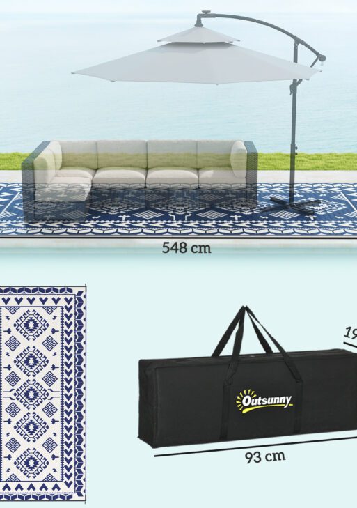 Reversible Outdoor Rug, Waterproof Plastic Straw with Carry Bag, 9' x 18', Blue & White Rhombus Patchwork
