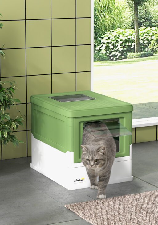Fully Enclosed Cat Litter Box with Front Entry, Top Exit, Yellowish Green