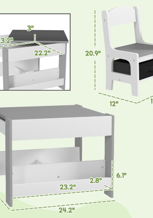 3pc Kids Table and Chair Set with Reversible Tabletop Blackboard, Storage & Bookshelves, Gray