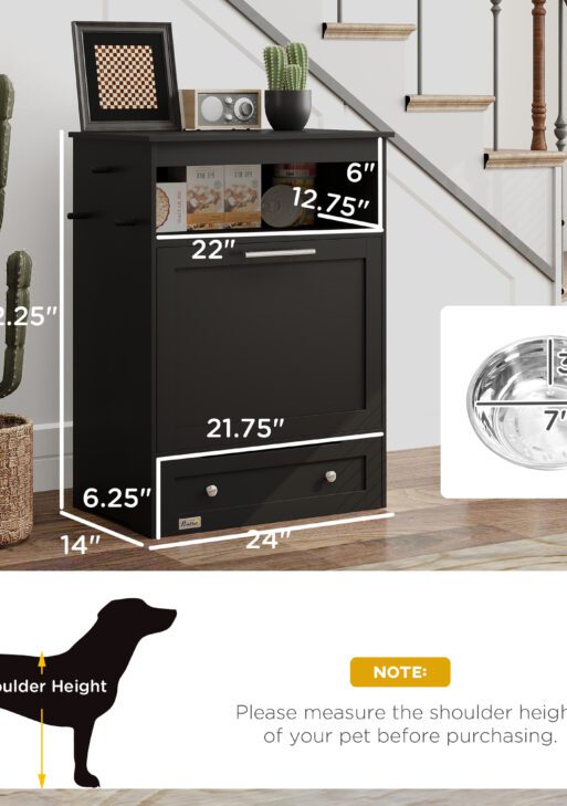 Pet Feeder Station Storage Cabinet, Dog Food Storage Container with Dog Raised Bowls, Watering Supplies, Black