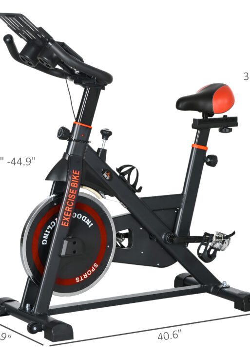 Exercise Bike, Flywheel Indoor Stationary Bike, Adjustable Height and Resistance, with LCD Monitor, Comfortable Seat Cushion, 264 lbs Capacity, Black and Red