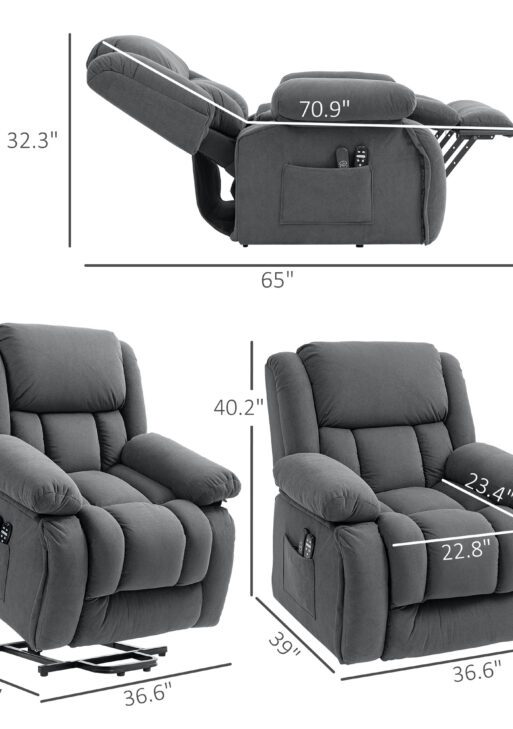 Overstuffed Power Lift Recliner Chair with Vibration Massage and Heat, Side Pockets, Pocket Spring, for Adults, Gray