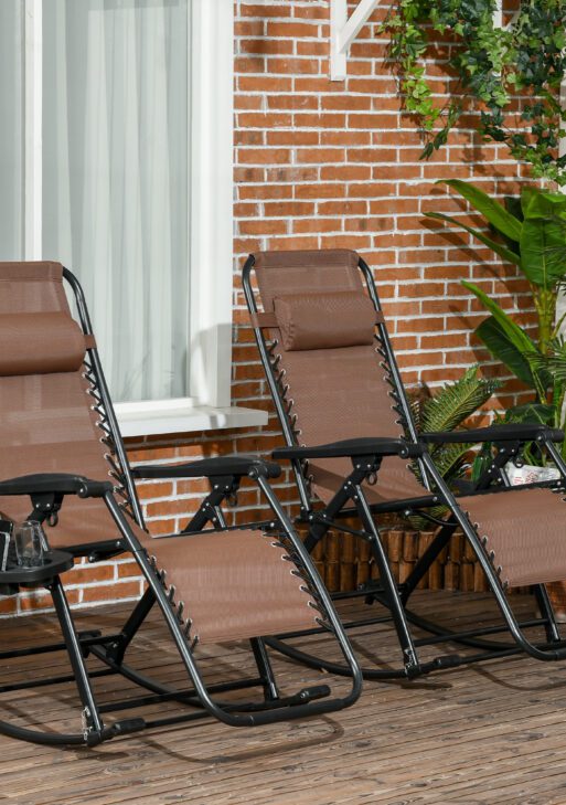 2 Outdoor Rocking Chairs Foldable Reclining Zero Gravity Lounge Rockers w/ Pillow Cup & Phone Holder, Brown
