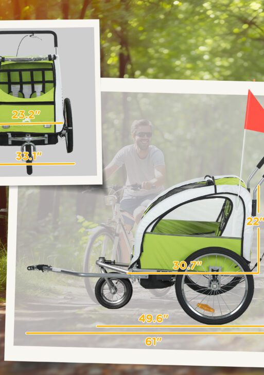 2-Seat Elite 360 Swivel Bike Trailer for Kids Bicycle Cargo Trailer with Water-Resistant Windows, Green and White