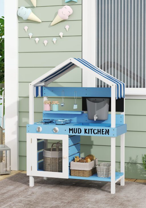Wooden Mud Kitchen for Kids Outdoor with Sink, Faucet, Water Tank, Storage Shelves, Accessories for Boys and Girls, Blue