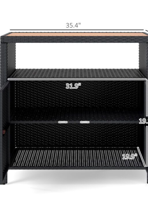 Outdoor Storage Cabinet with Acacia Wood Top, Two Doors, Shelf, Wicker Bar Table for Pool Towel Storage, Black