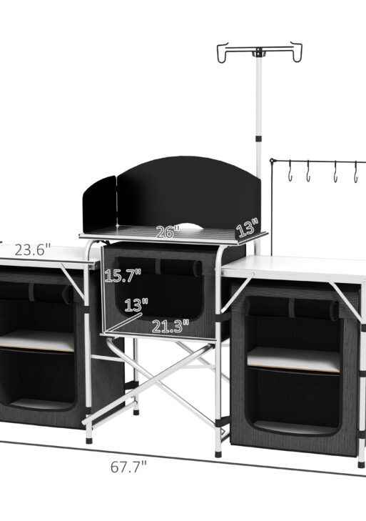 Aluminum Camping Kitchen, Portable Folding Camping Table with Fabric Cupboards, Windshield, Bag for BBQ, Picnic, Black