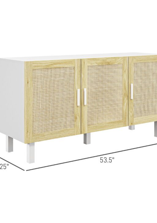 Boho Kitchen Cabinet, Buffet Cabinet with 3 Rattan Doors and Adjustable Shelves for Dining Room, White and Natural