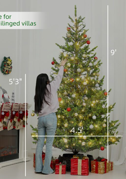9ft Artificial Prelit Sparse Cedar Christmas Tree with LED Lights and 4306 Tips, Steel Base for Home Office Holiday