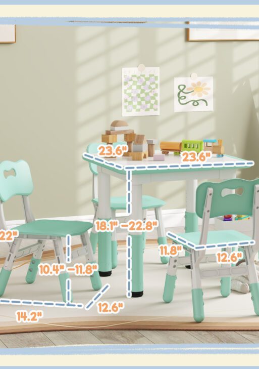 Height Adjustable 5pc Toddler Table and Chair Set with Storage Box, Easy to Wipe for 18 Months - 5 Years, Green
