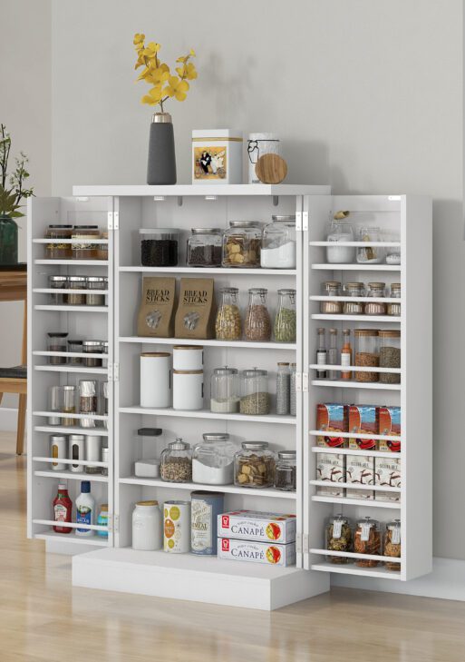 Freestanding Kitchen Pantry, Kitchen Storage Cabinet with 5-Tier Shelf, 12 Spice Racks, Adjustable Shelves, White