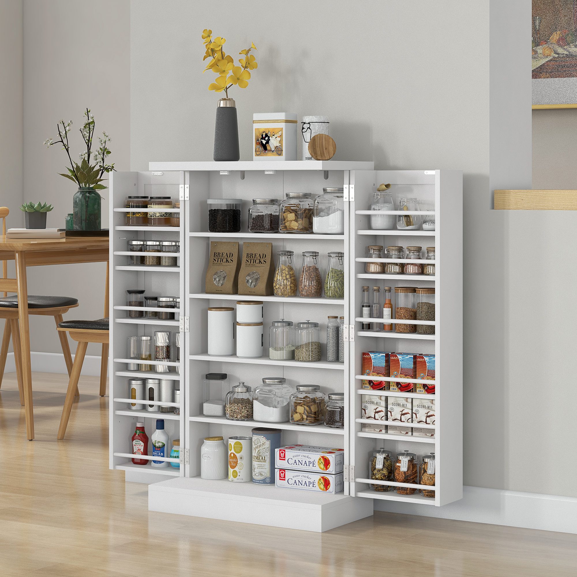 Freestanding Kitchen Pantry, Kitchen Storage Cabinet with 5-Tier Shelf, 12 Spice Racks, Adjustable Shelves, White - Image 1