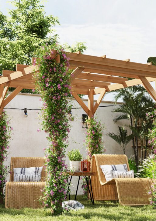6.6' x 6.6' Wood Pergola, Outdoor Gazebo Grape Trellis with Stable Structure for Climbing Plant Support, Dark Brown