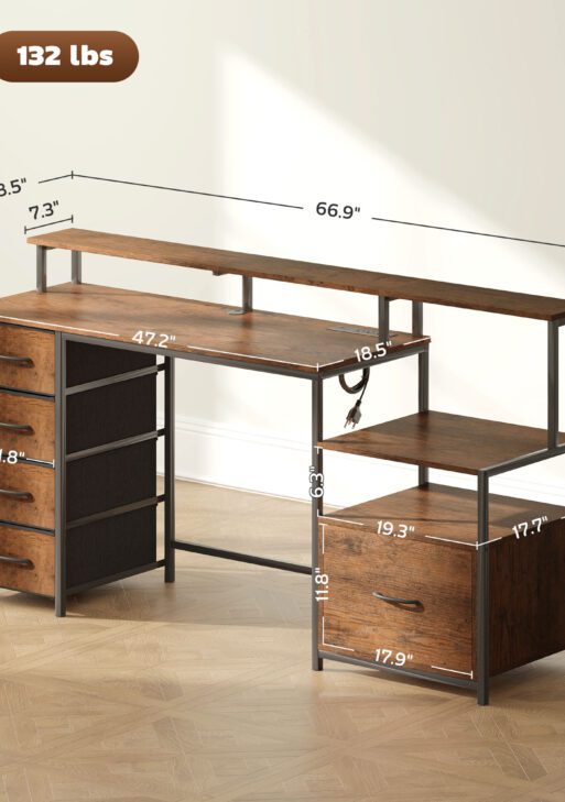 Computer Desk with Power Outlets and LED Lights, 67" Computer Table with File Cabinet and Fabric Drawers, Rustic Brown