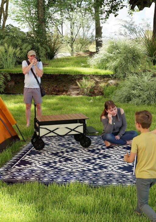 Reversible Outdoor Rug, Waterproof Plastic Straw with Carry Bag, 8' x 10', Blue & White Rhombus Border